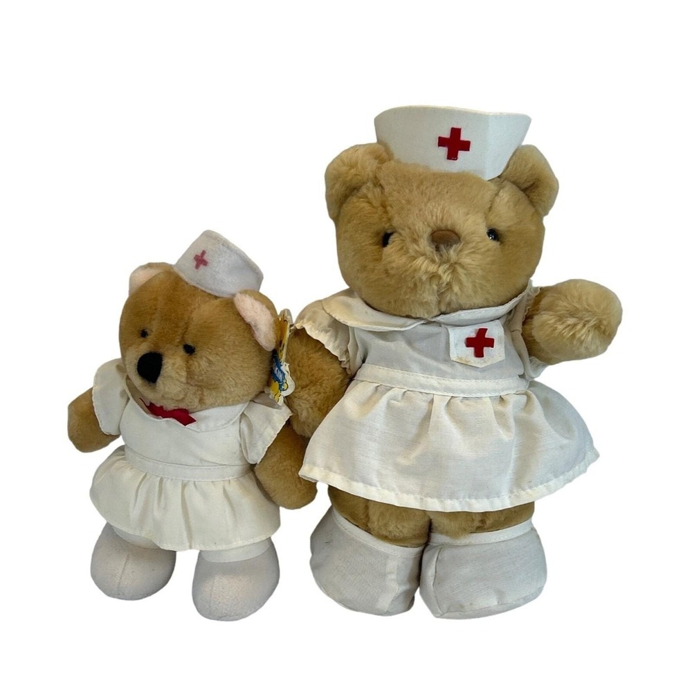 Vintage Plush Dakin 9" Nancy Bear Nurse and 12" Jerry Elsner Nurse Feelwell Bear